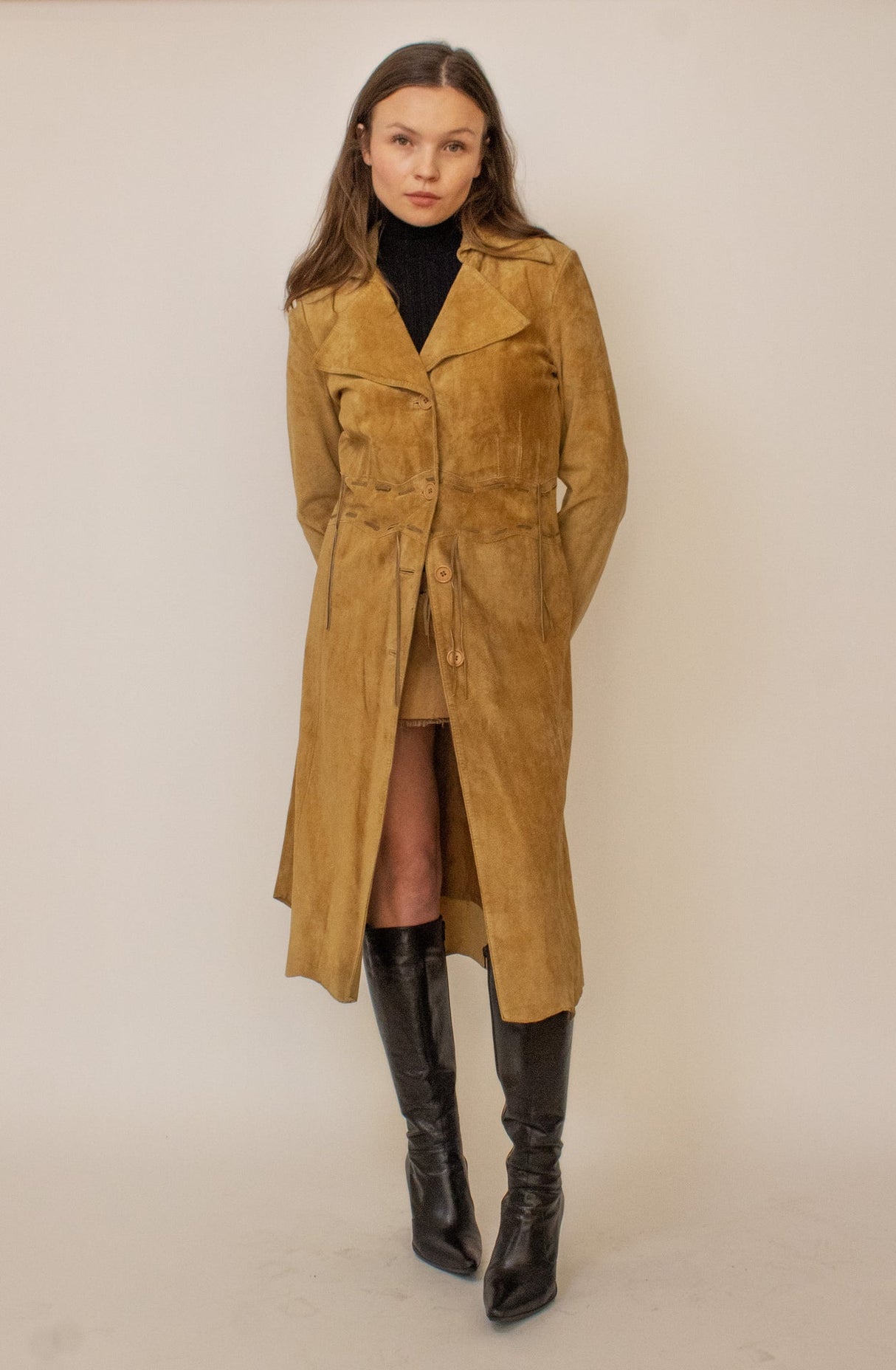 Tan suede detailed trench coat