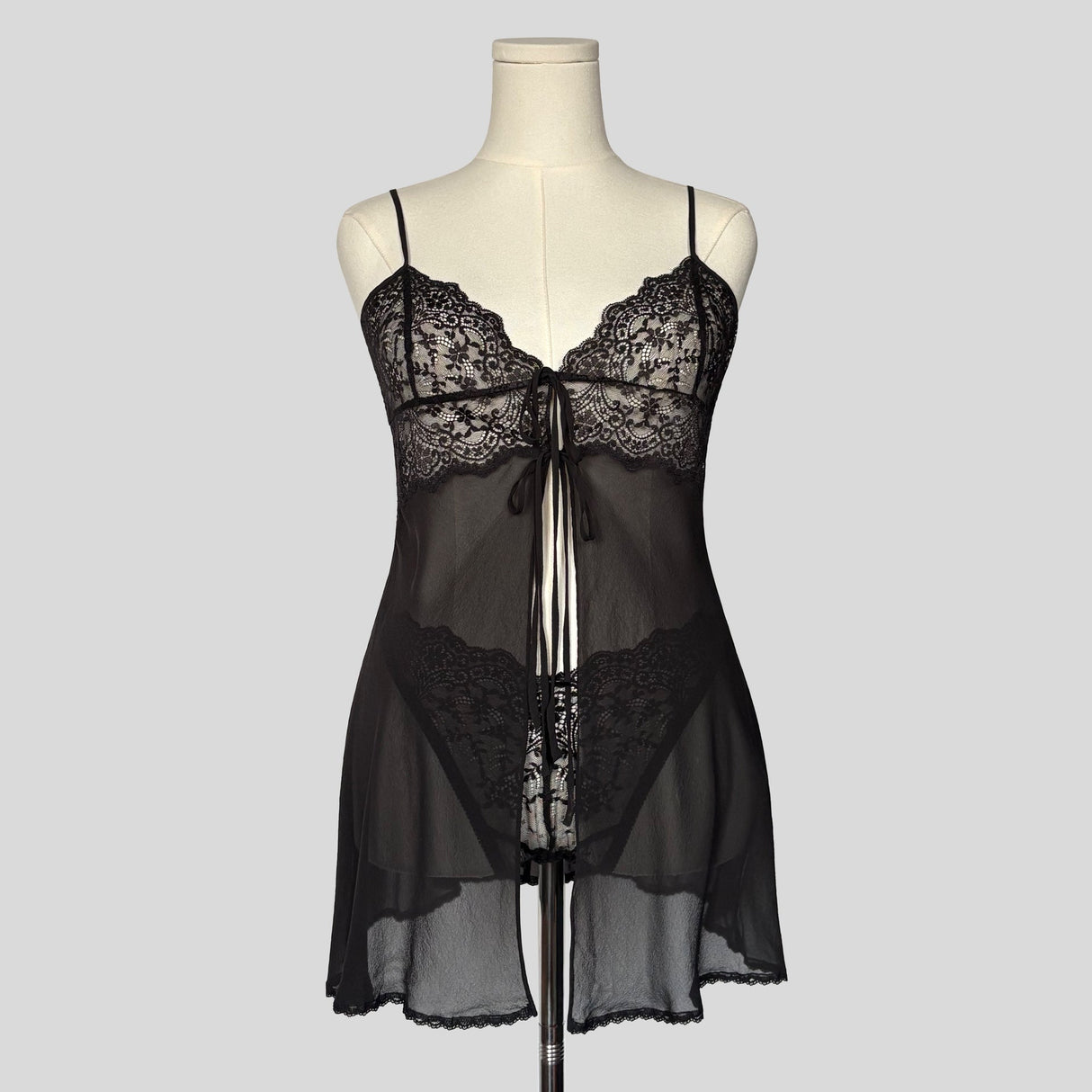 Sheer split front chemise in black with matching panties