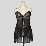 Sheer split front chemise in black with matching panties