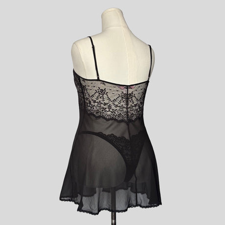 Sheer split front chemise in black with matching panties