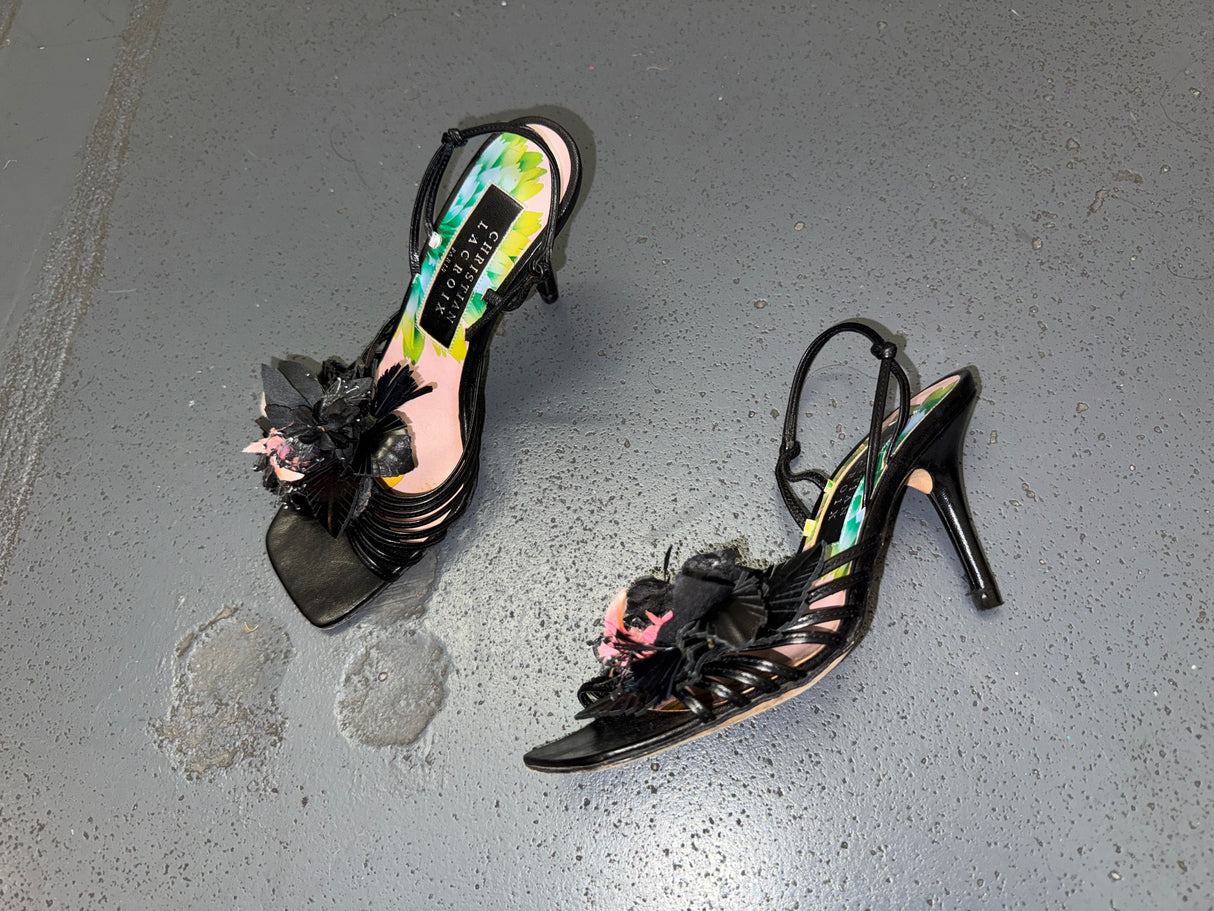 CHRISTIAN LACROIX Black Flower Strappy High Heels IT 36