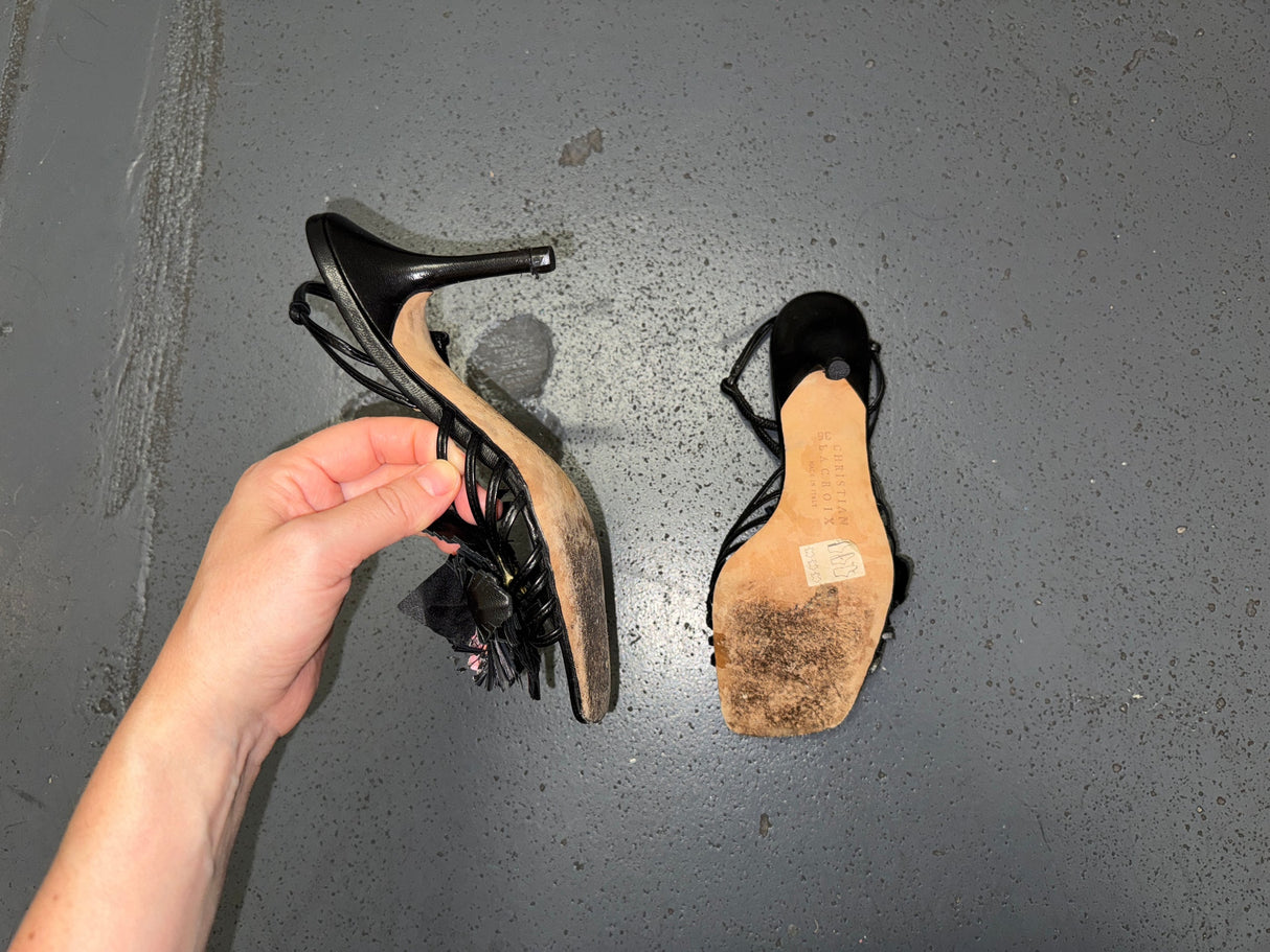 CHRISTIAN LACROIX Black Flower Strappy High Heels IT 36