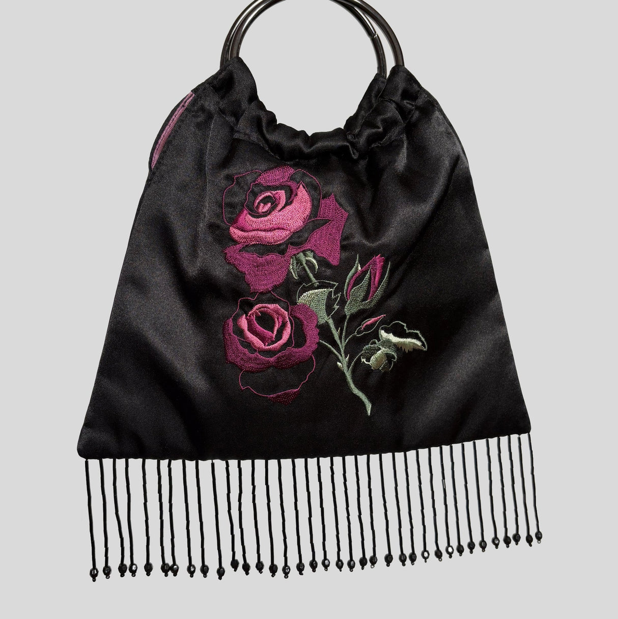 Floral embroidered beaded fringe trim purse in black
