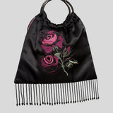Floral embroidered beaded fringe trim purse in black