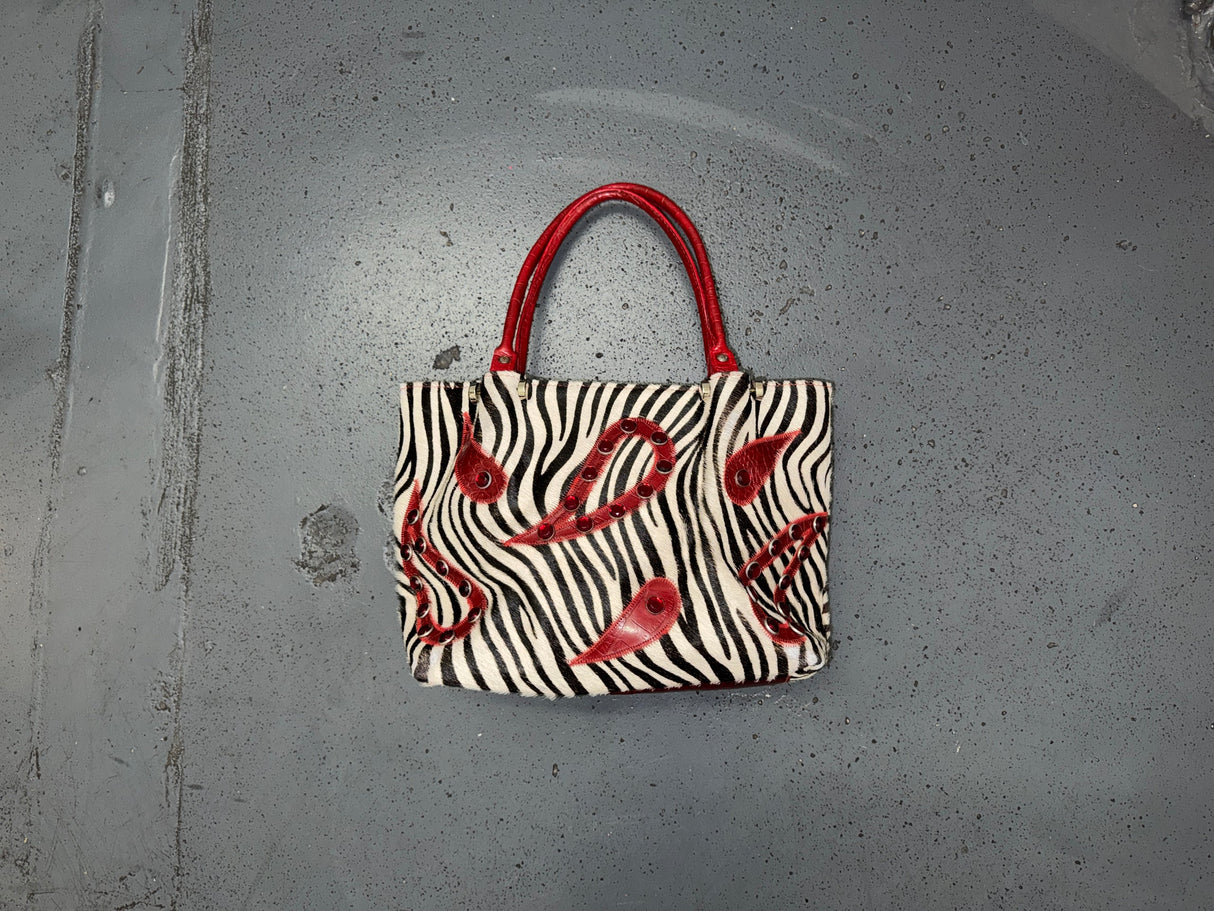 CECCONI PIERO Ponyhair Zebra Print and Red Tote Bag