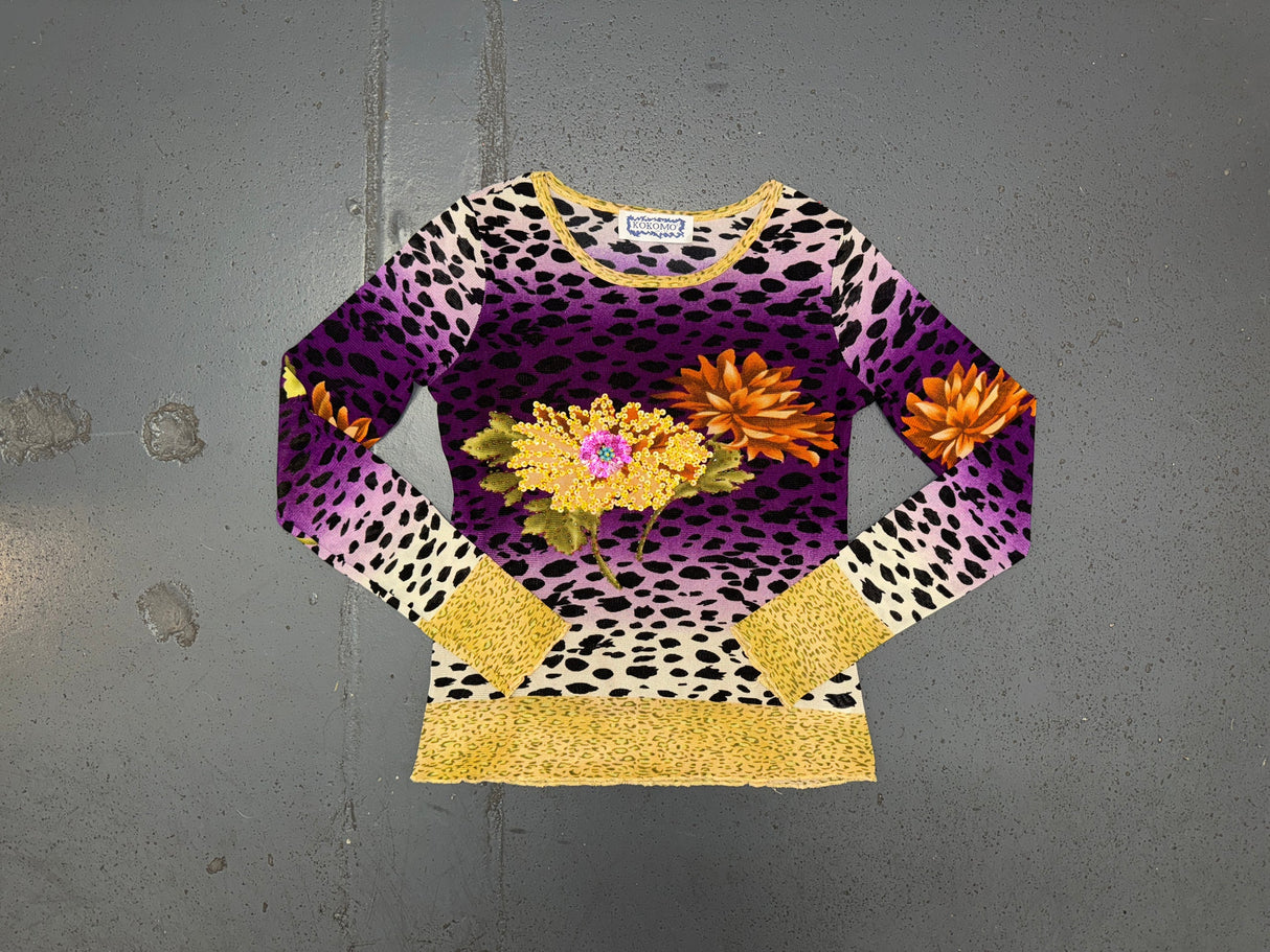 KOKOMO Mesh Leopard Print Beaded Long Sleeve Top