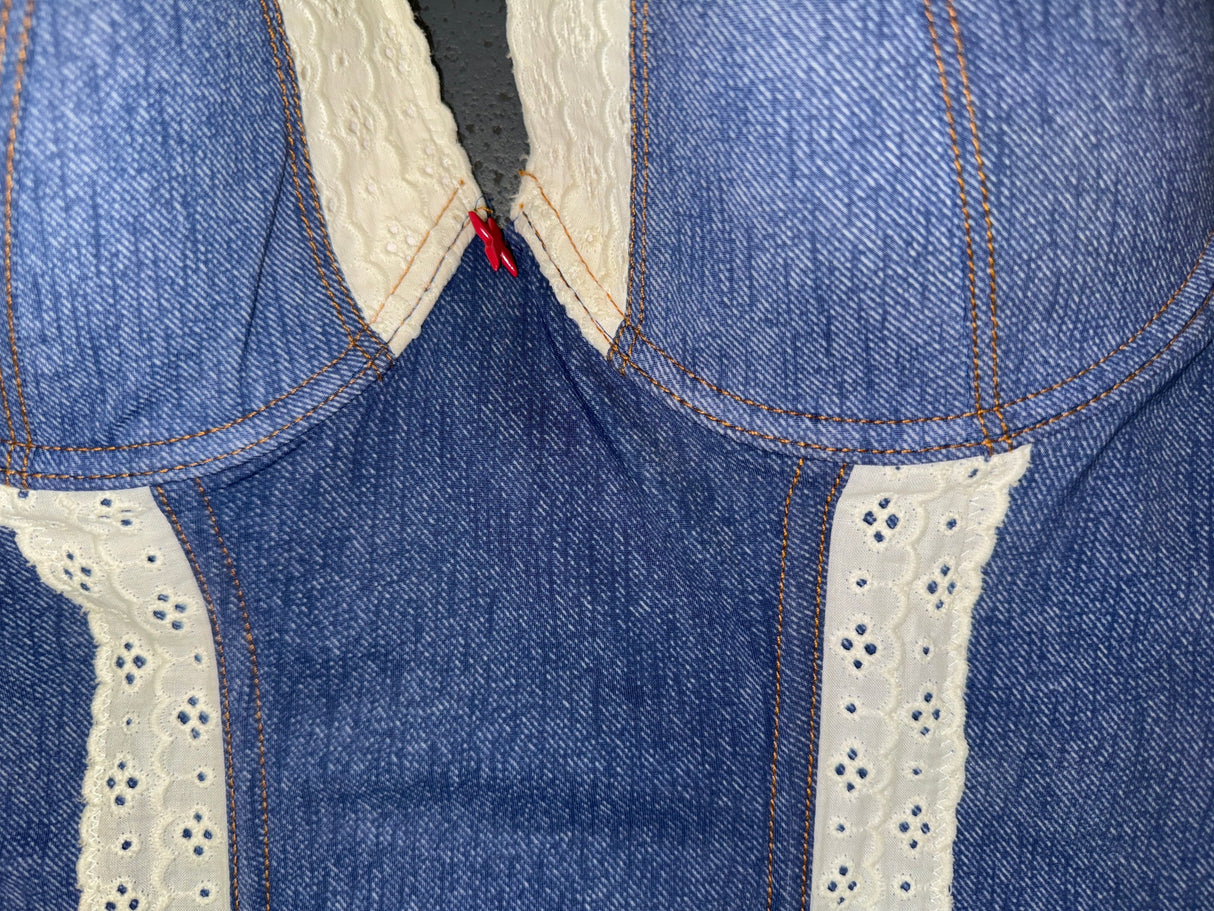 Denim Print and Lace Corset Top