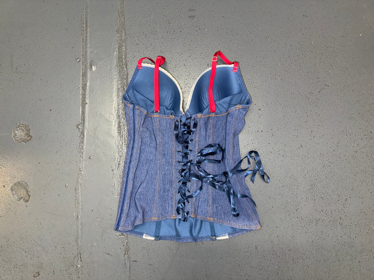 Denim Print and Lace Corset Top