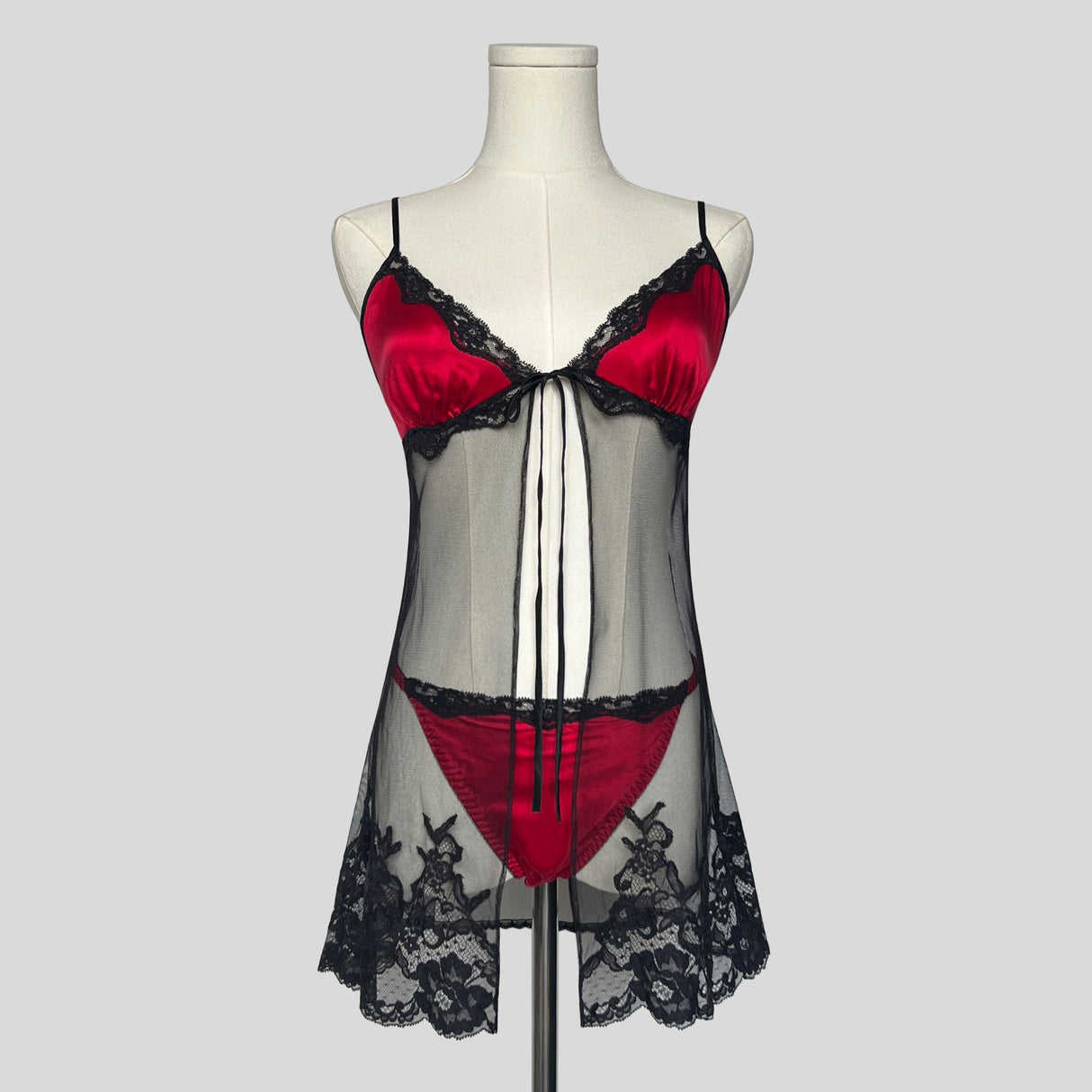 Sheer lace trim split front babydoll dress with matching panties in red