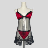 Sheer lace trim split front babydoll dress with matching panties in red