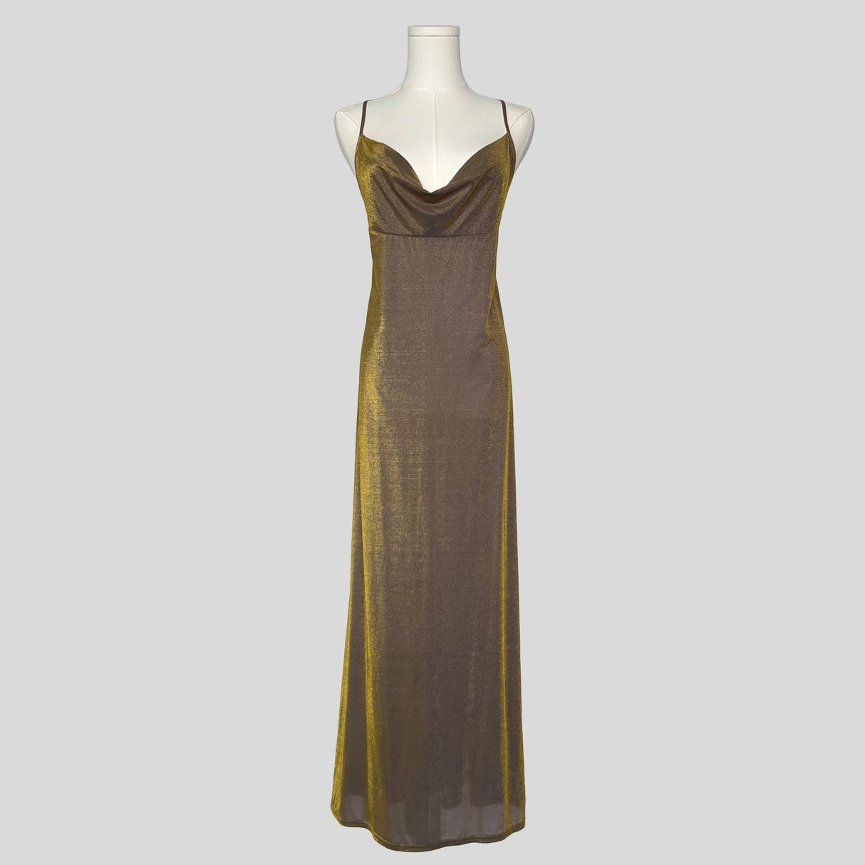 Iridescent golden draped backless gown