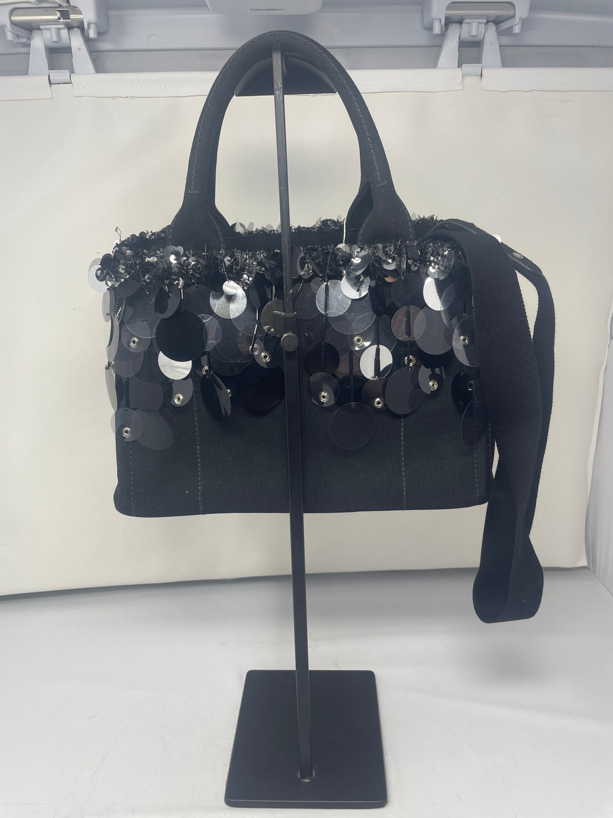 Prada Sequin Fringe Black Canvas Two Way Bag