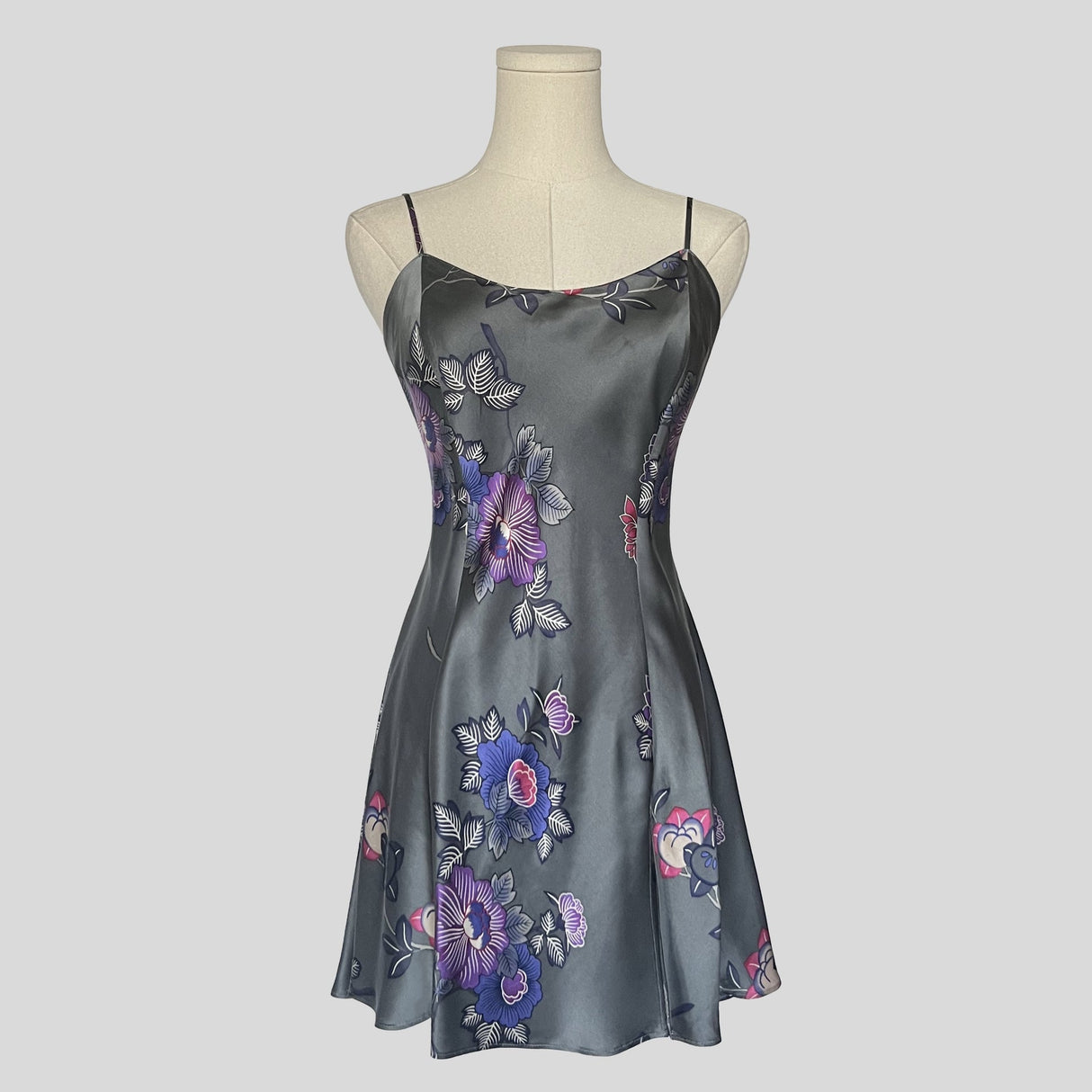 Silk slip dress in grey floral