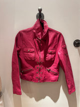 Hot Pink Studded Leather Buckle Collar Moto Jacket