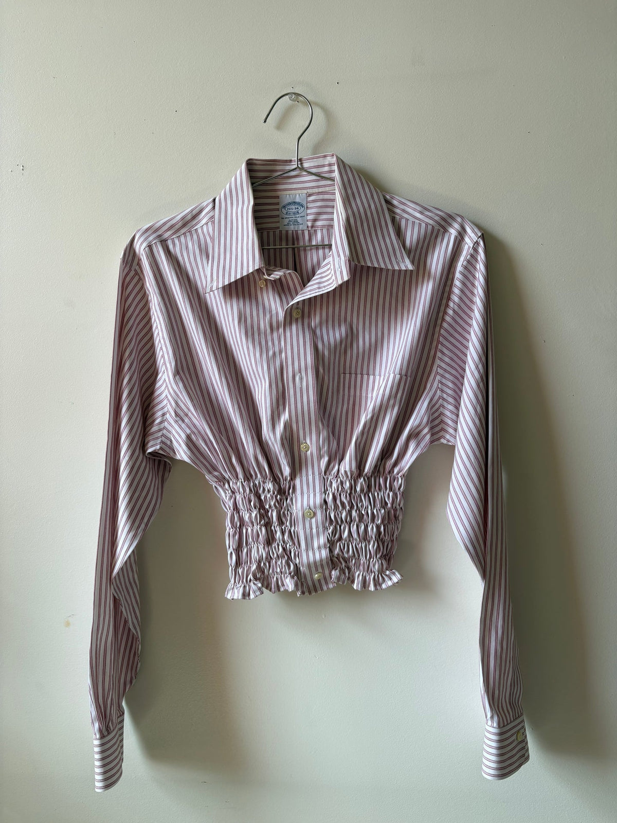 Upcycled red pinstripe button up shirt