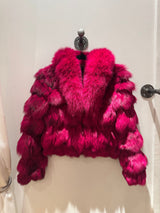 Magenta Shaggy Cropped Fox Fur Trim Coat