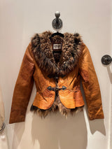 Tan Distressed Leather Fitted Fox Fur Trim Blazer Jacket