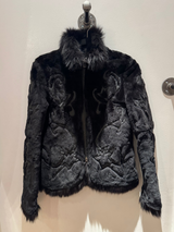 Black Fox Fur Trim Stitched Embroidered Full Zip Jacket