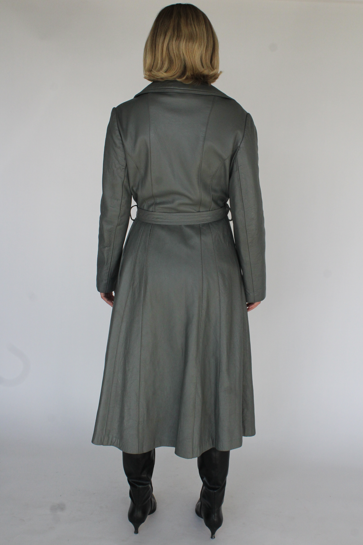 Ash grey belted leather trench coat