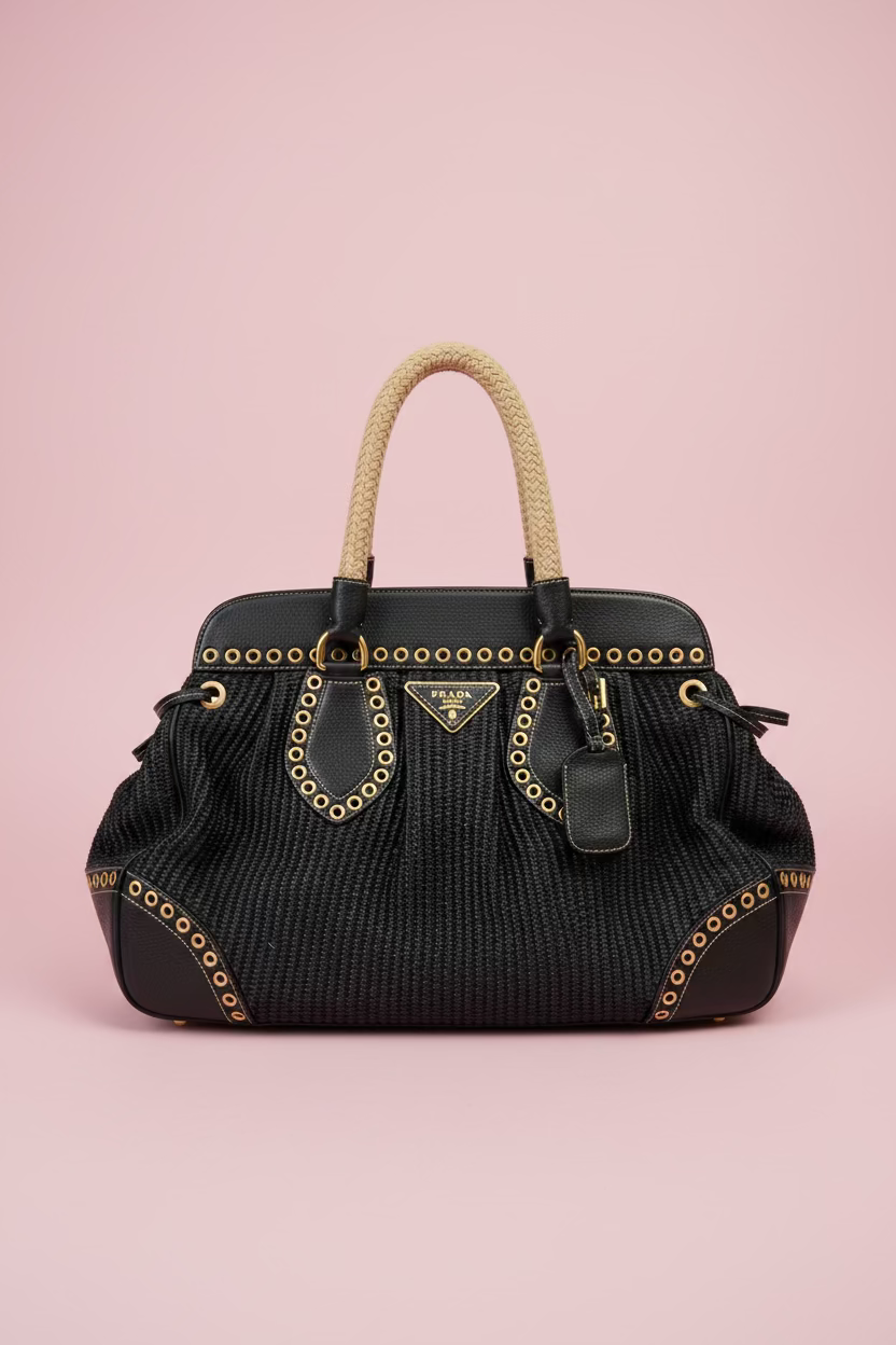 #58 Prada Black Raffia & Leather Grommet Doctor Tote with Rope Handles