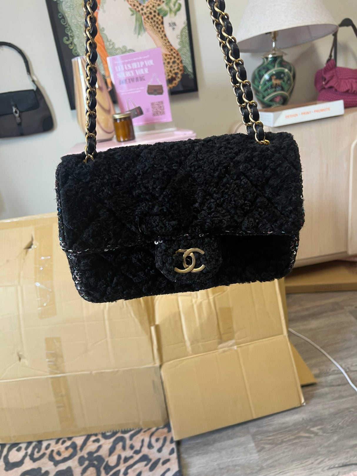 Chanel Seasonal Small Flap 2020 Black Quilted Shearling and Multicolor "Fantasy" Tweed Shoulder Bag