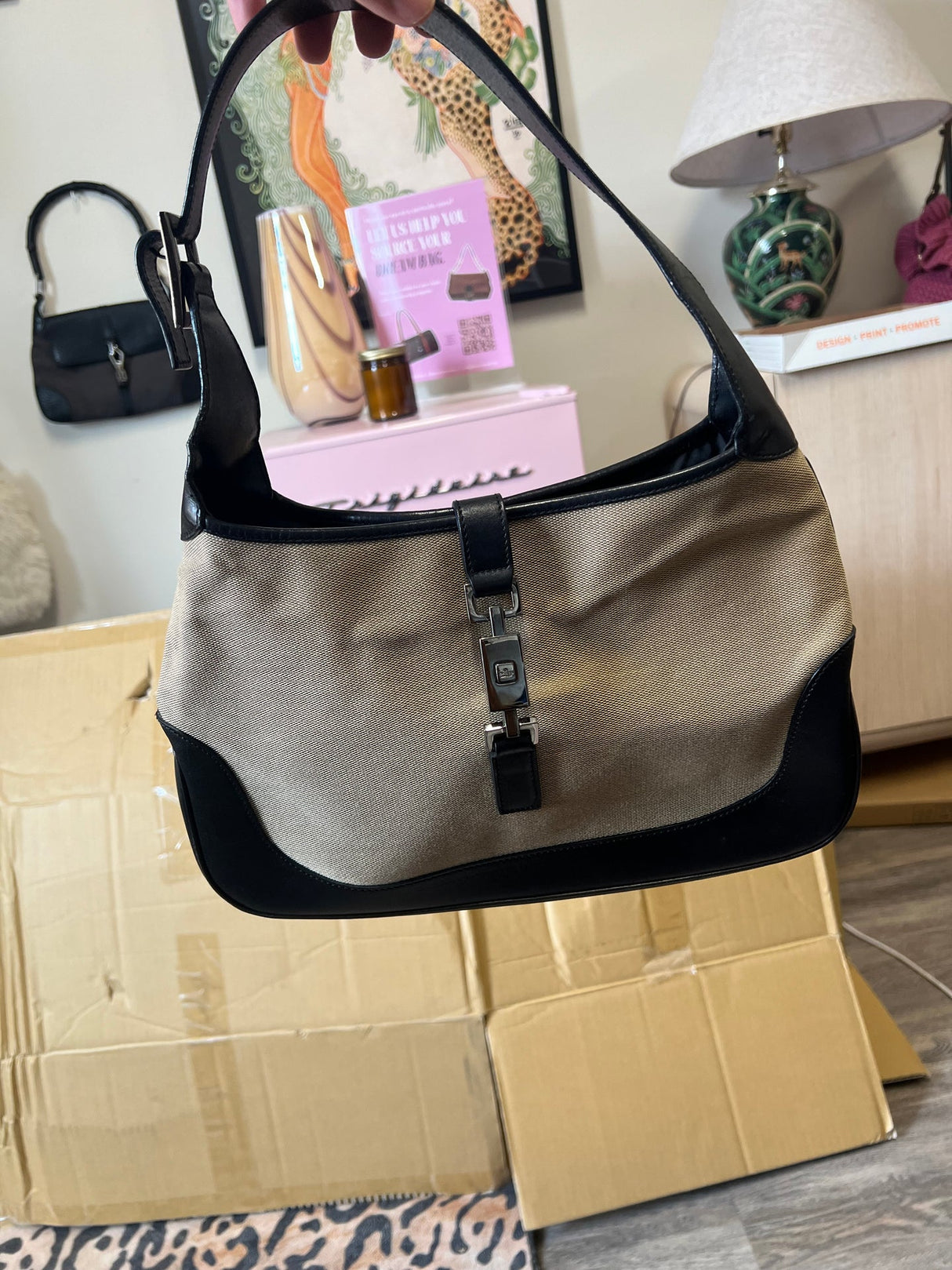 Gucci Jackie Canvas & Black Leather with Silver Piston Lock