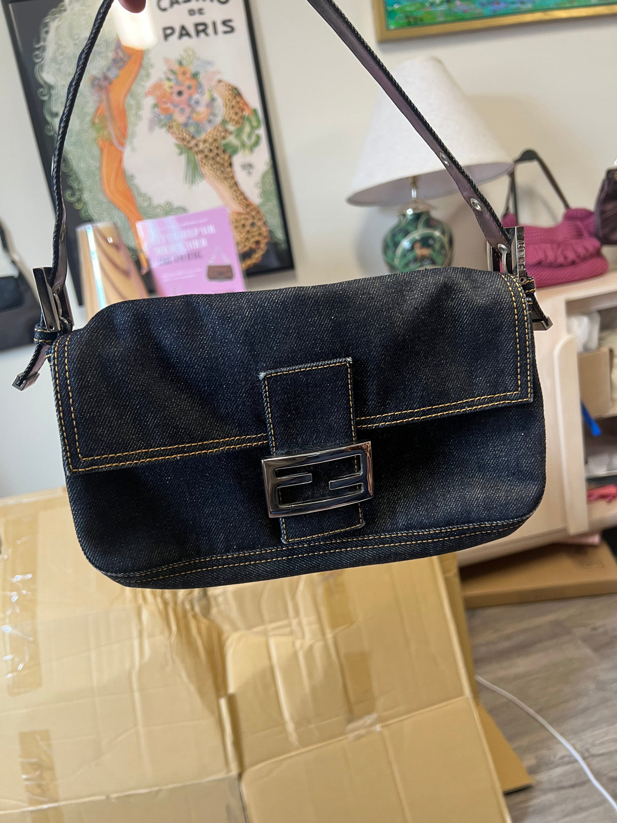 Fendi Baguette Dark Wash Denim with Gold Contrast Stitching & Silver FF Clasp