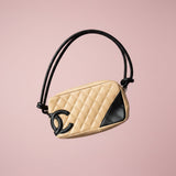 #55 Chanel Cambon Ligne Quilted Lambskin Camera Crossbody Bag Beige with Black Tonal CC Logo & Black Leather Strap