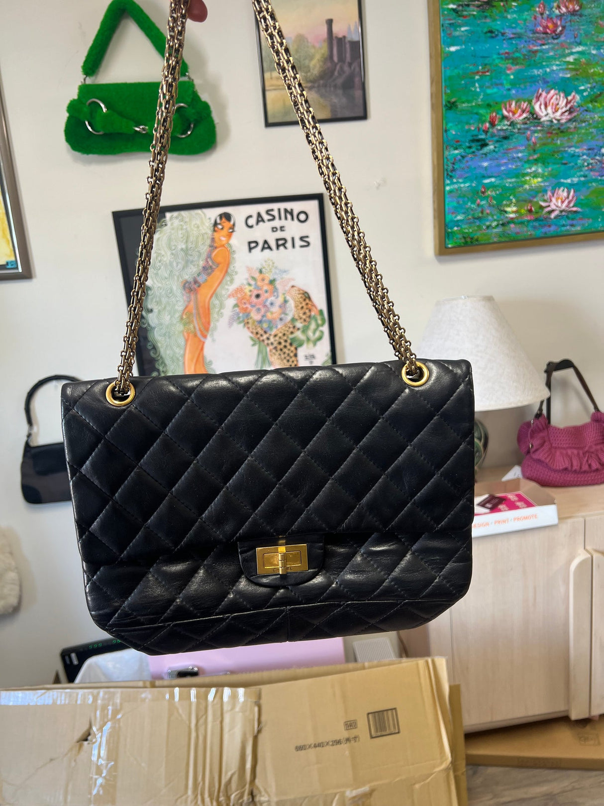 Chanel 2.55 Reissue Double Flap Bag Black Aged Calfskin with Antique Gold Hardware & Mademoiselle Lock (226 Jumbo)