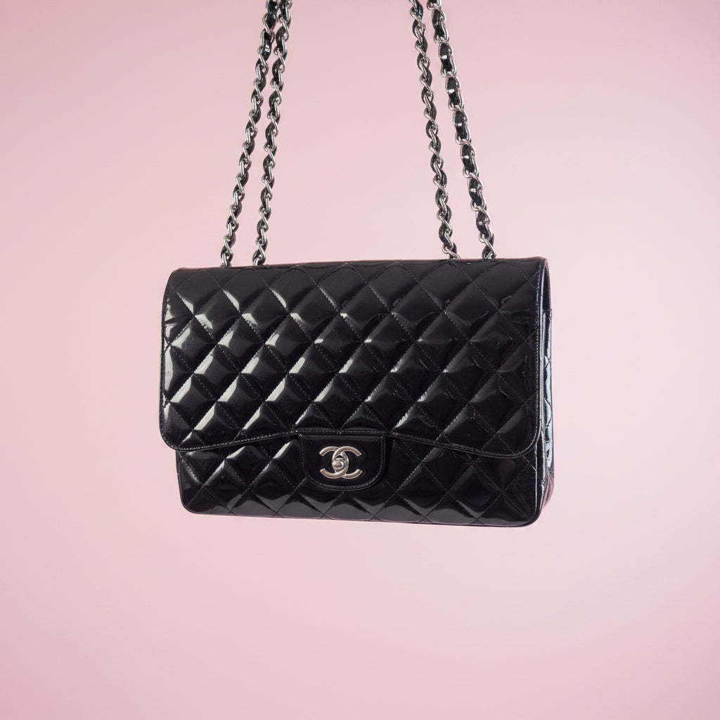 #52 Chanel Jumbo Classic Double Flap Black Patent Leather, Silver Hardware