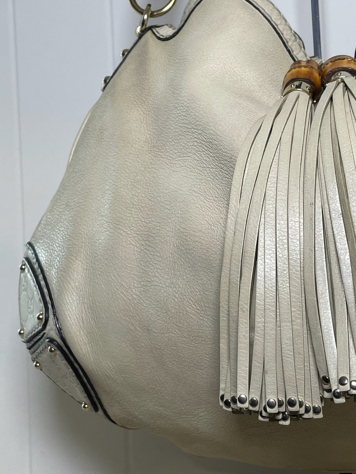 Gucci Indy Cream Leather Bamboo Tassel Hobo Bag