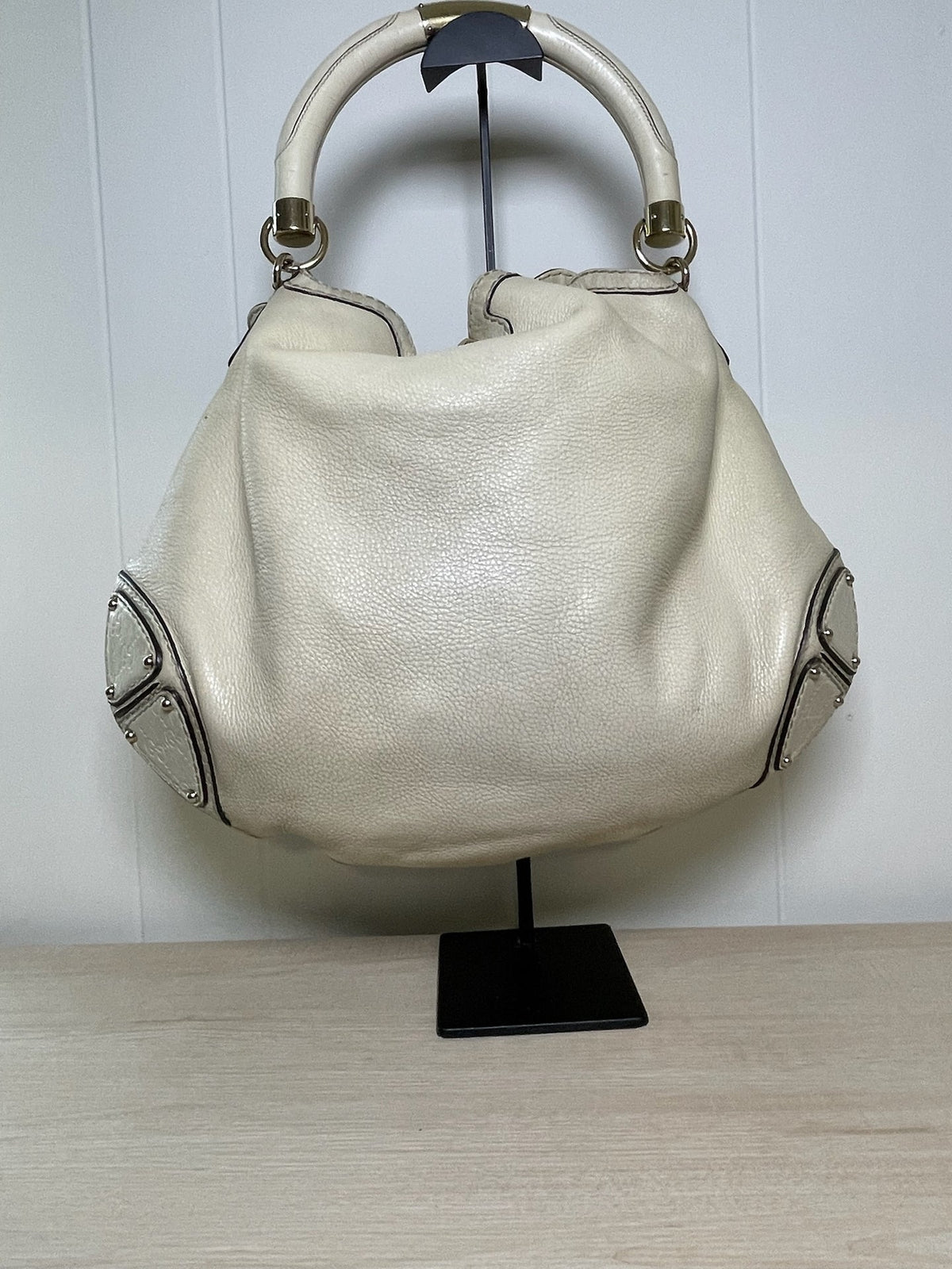 Gucci Indy Cream Leather Bamboo Tassel Hobo Bag