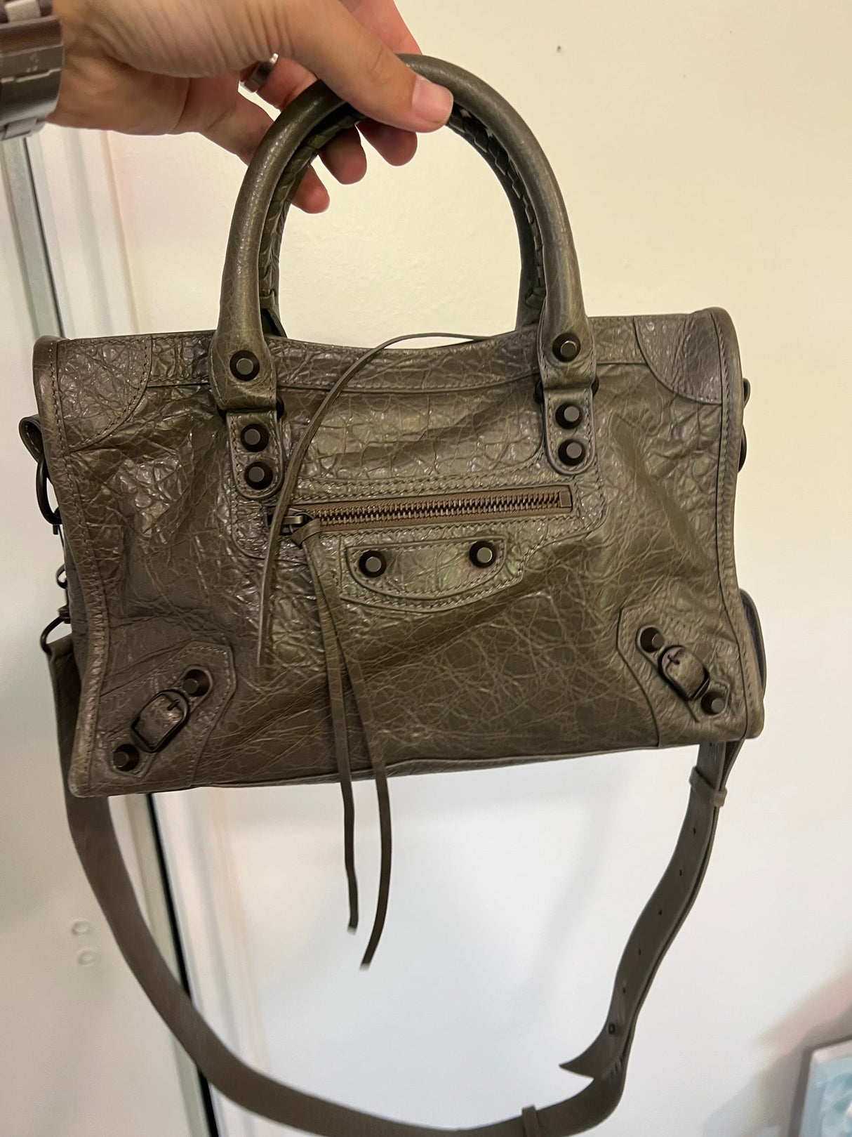 Balenciaga Classic Town Olive Khaki Lambskin Motorcycle Bag