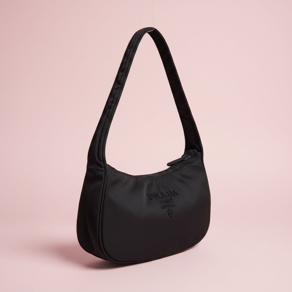 48 Prada Black Nylon Hobo Embroidered Logo