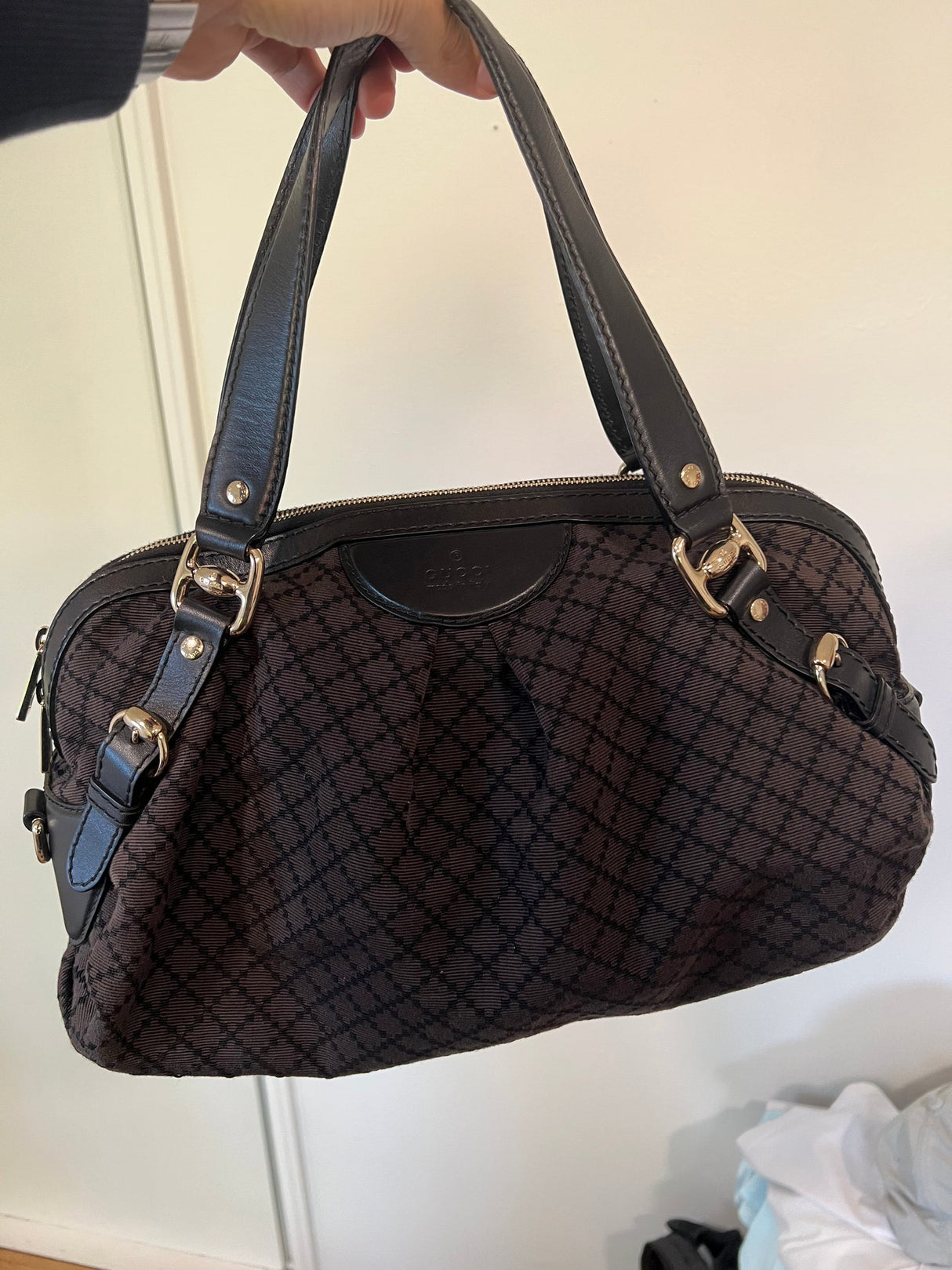 Gucci Bag Black Canvas Gold Top Handle Tote