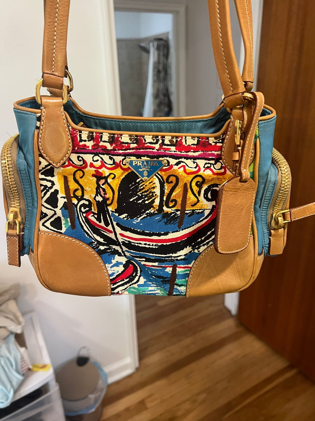 PRADA Triangle Logo Canvas Leather Hand Bag Light Brown Blue