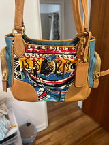PRADA Triangle Logo Canvas Leather Hand Bag Light Brown Blue
