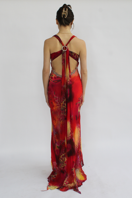 Multi-colored printed silk dress