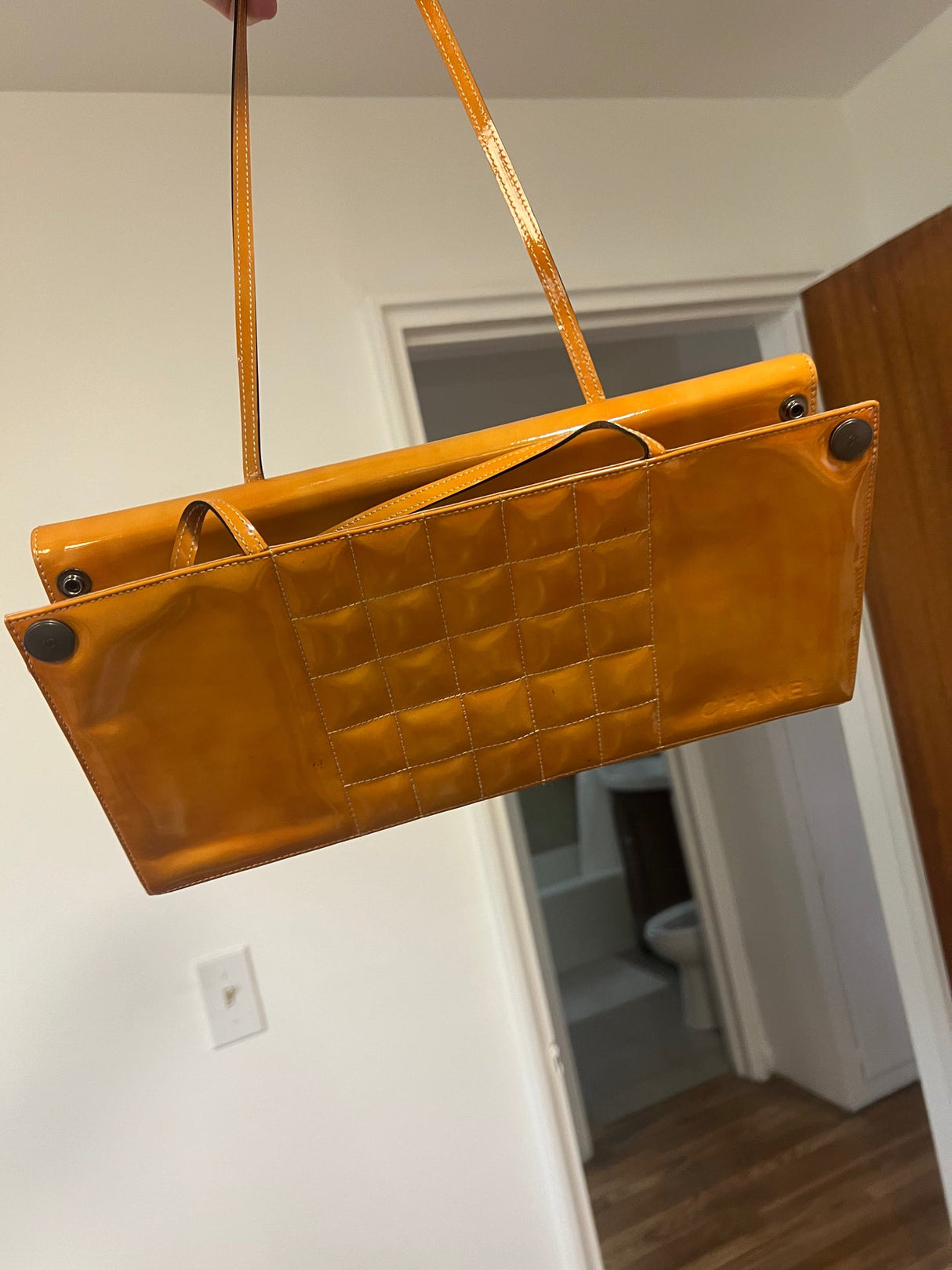 CHANEL Chocolate Bar Patent Leather Shoulder Bag Hand Bag Orange