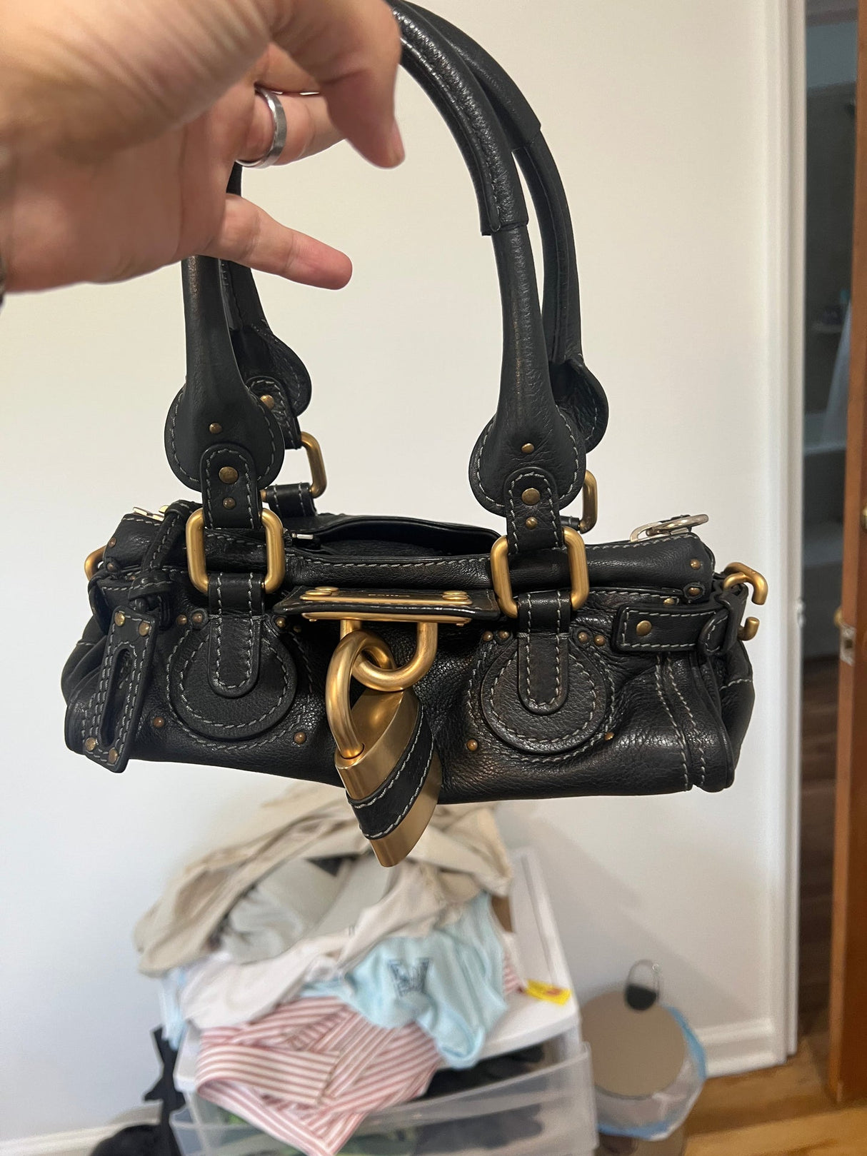 Chloe Logo Mini Paddington Leather Hand Bag Cadena Black