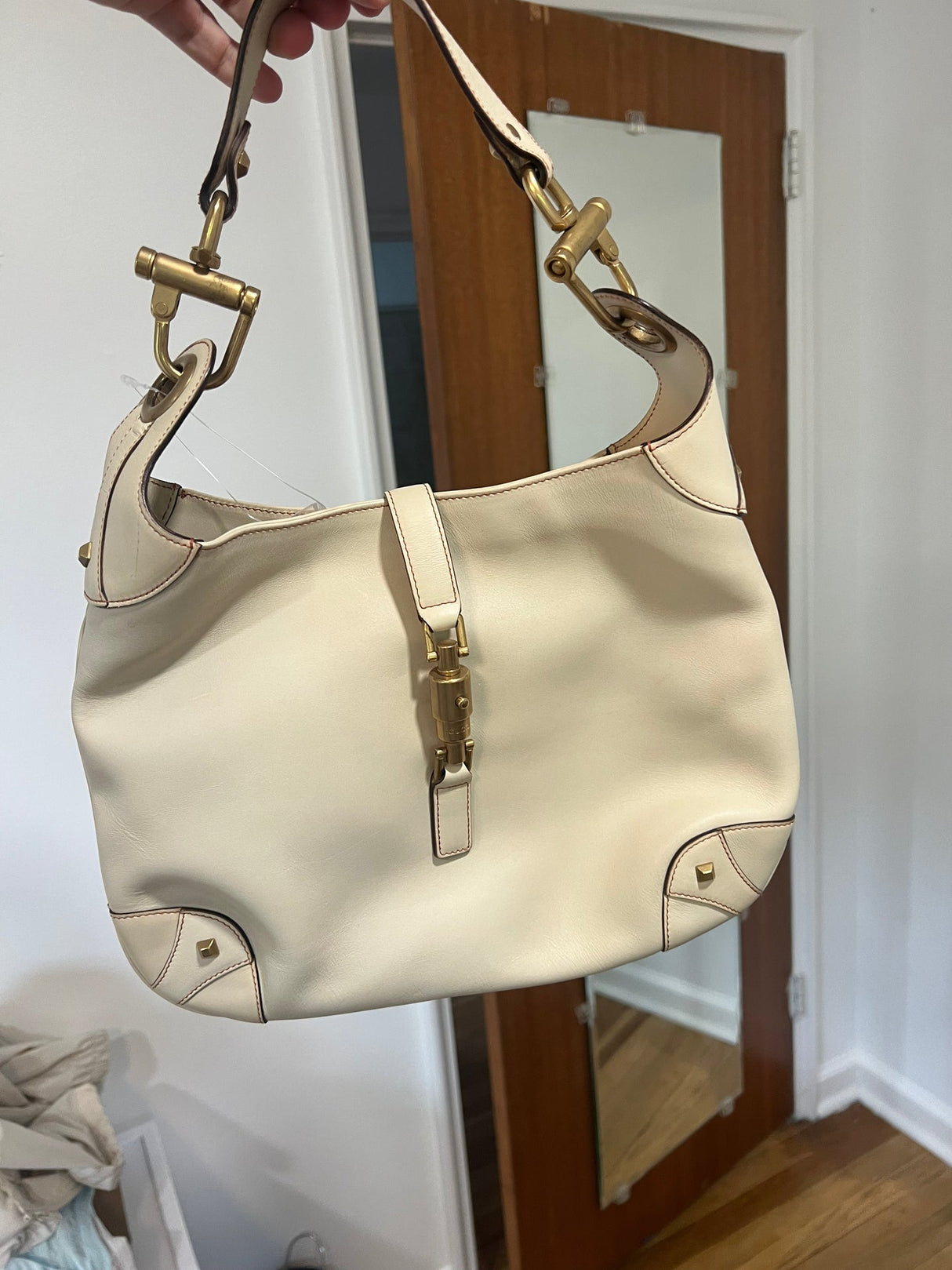GUCCI Jackie Leather Shoulder Bag Hand Bag Studs Ivory 120888