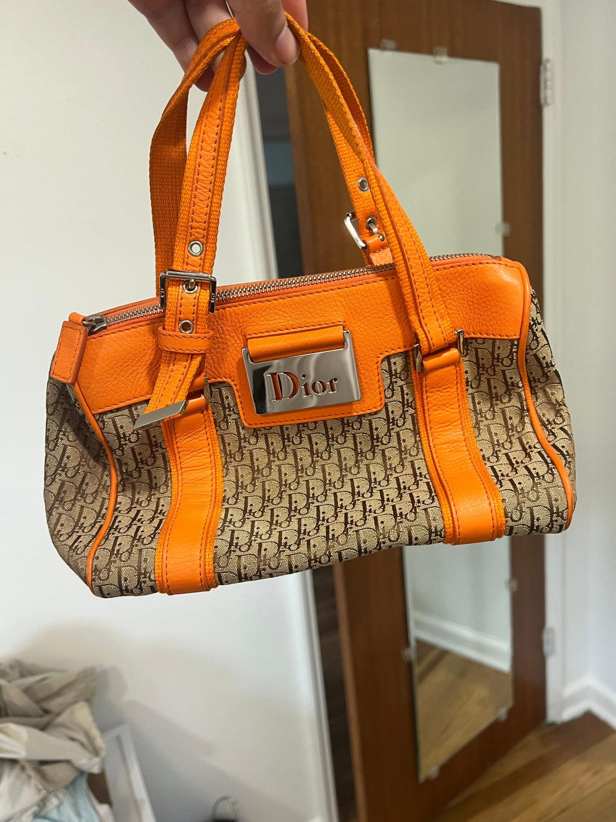 Christian Dior Trotter Canvas Leather Boston Hand Bag Beige Orange