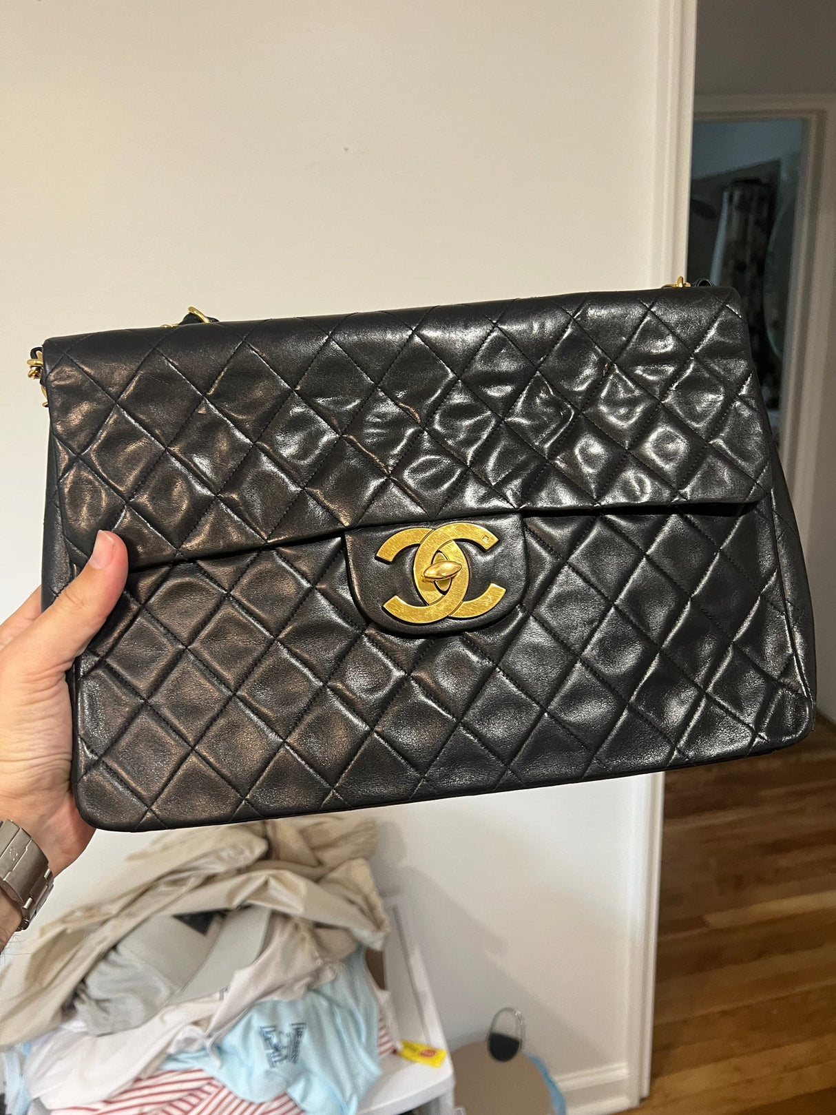 CHANEL Matelasse Lamb Skin Maxi 34 Single Flap Shoulder Bag Black