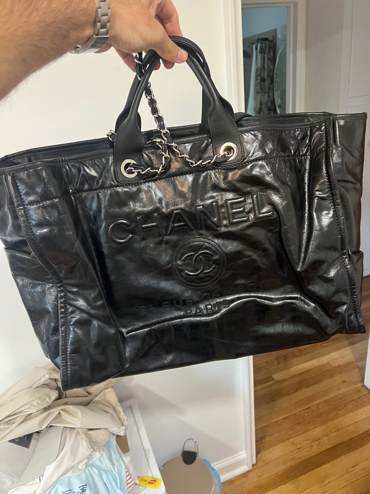 CHANEL Deauville Large Leather Tote Bag Shoulder Bag Black