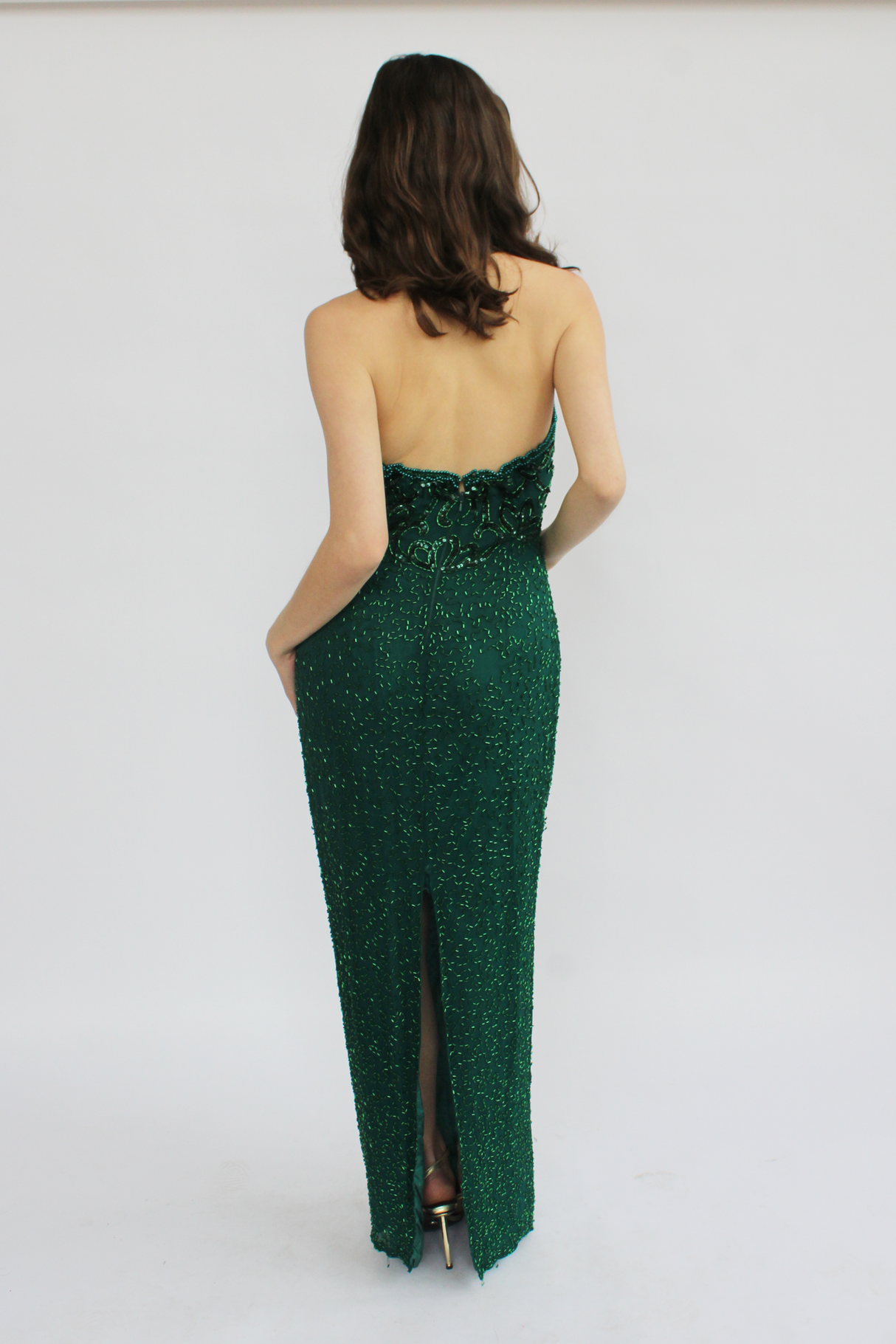 Forest green beaded silk gown