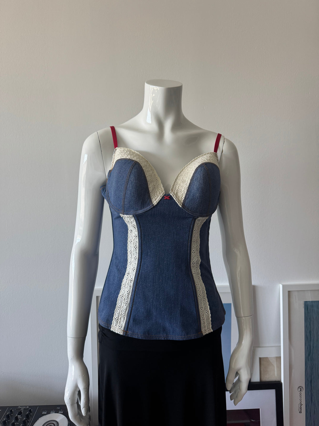 Denim Print and Lace Corset Top
