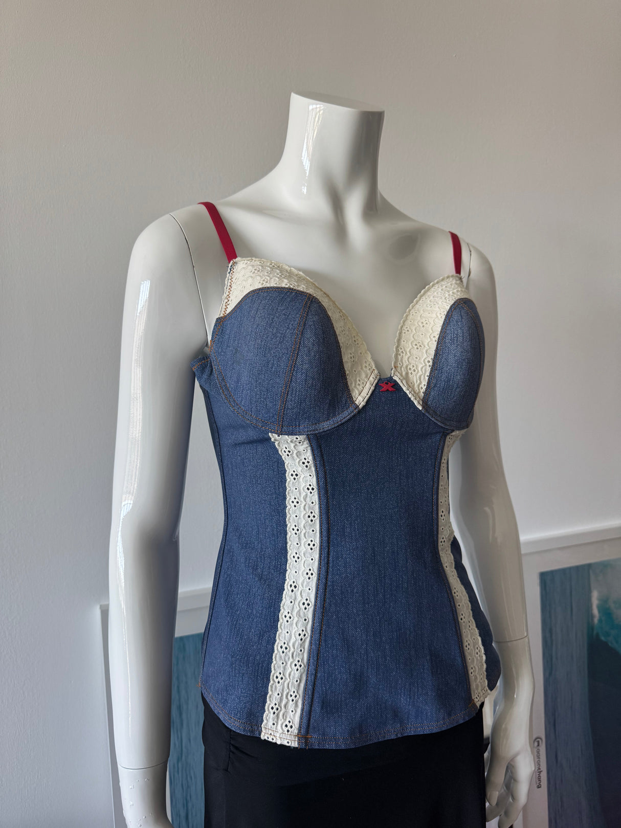 Denim Print and Lace Corset Top