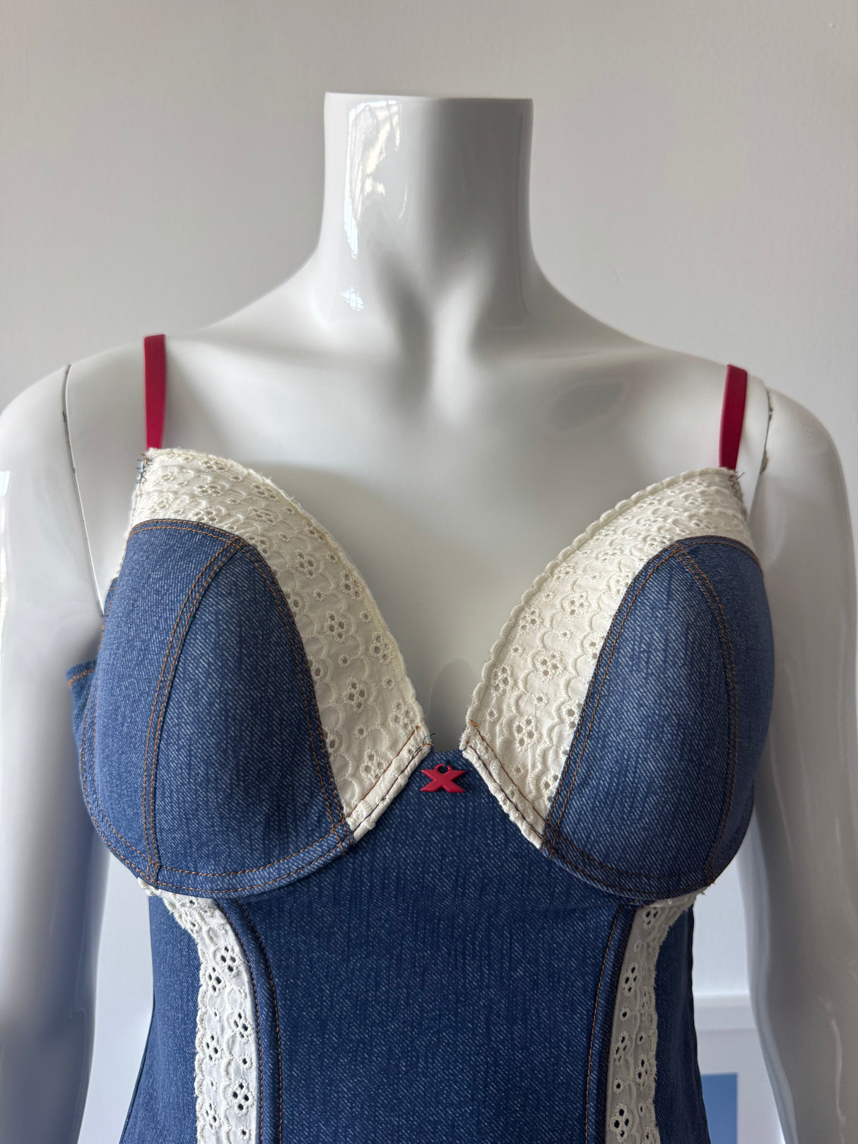 Denim Print and Lace Corset Top