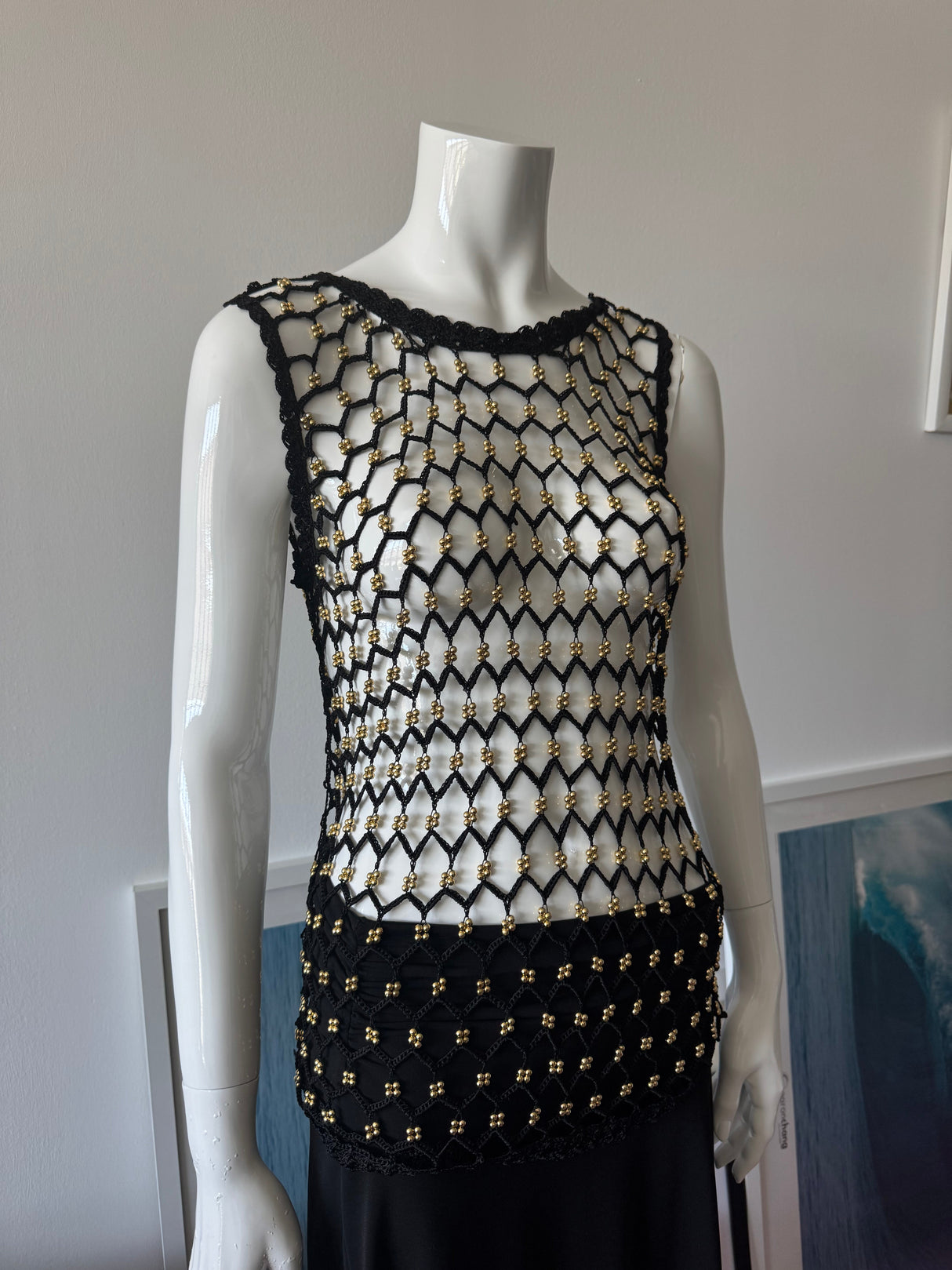 Black Crochet Knit Sleeveless Top with Gold Beads