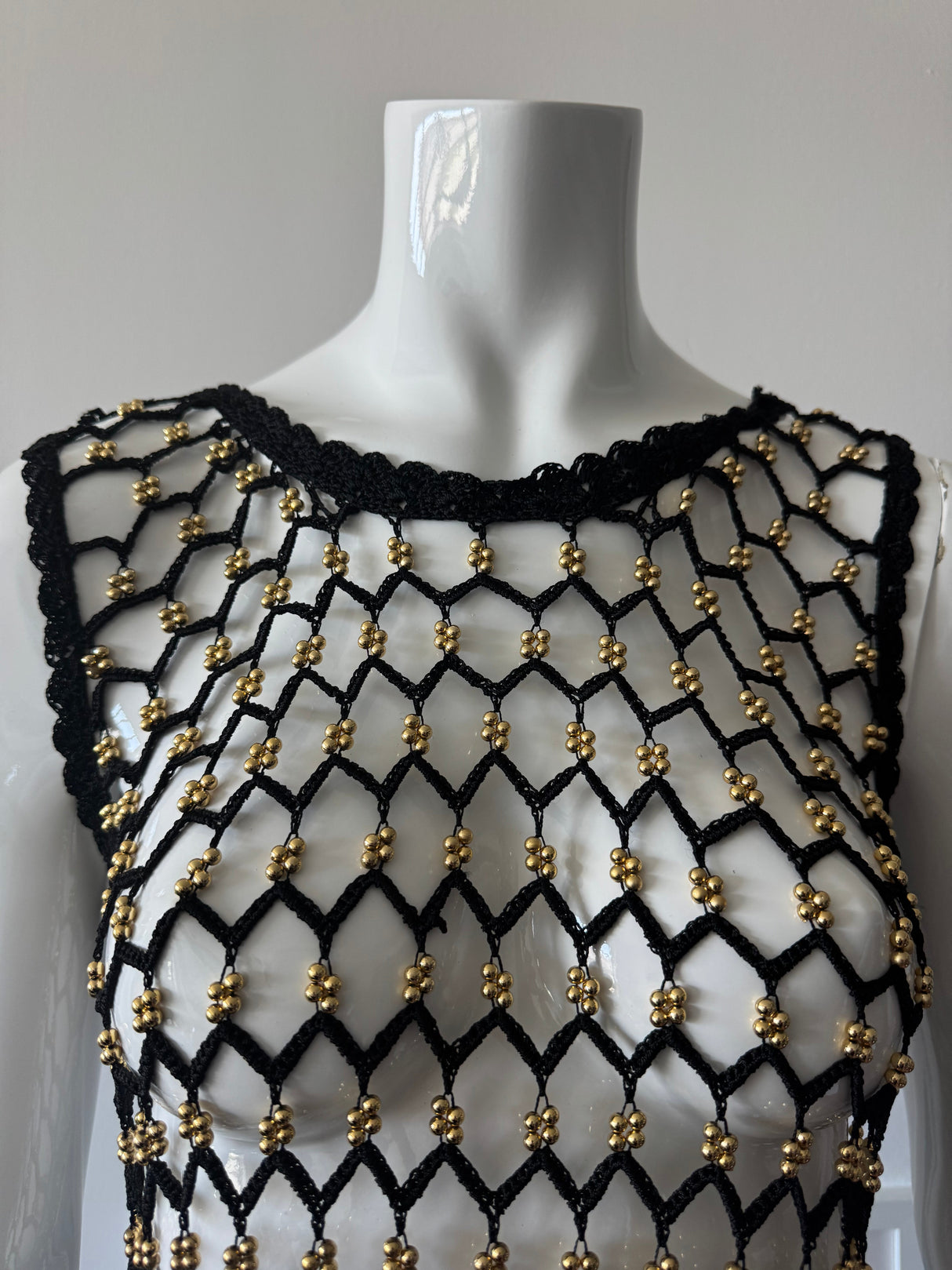 Black Crochet Knit Sleeveless Top with Gold Beads